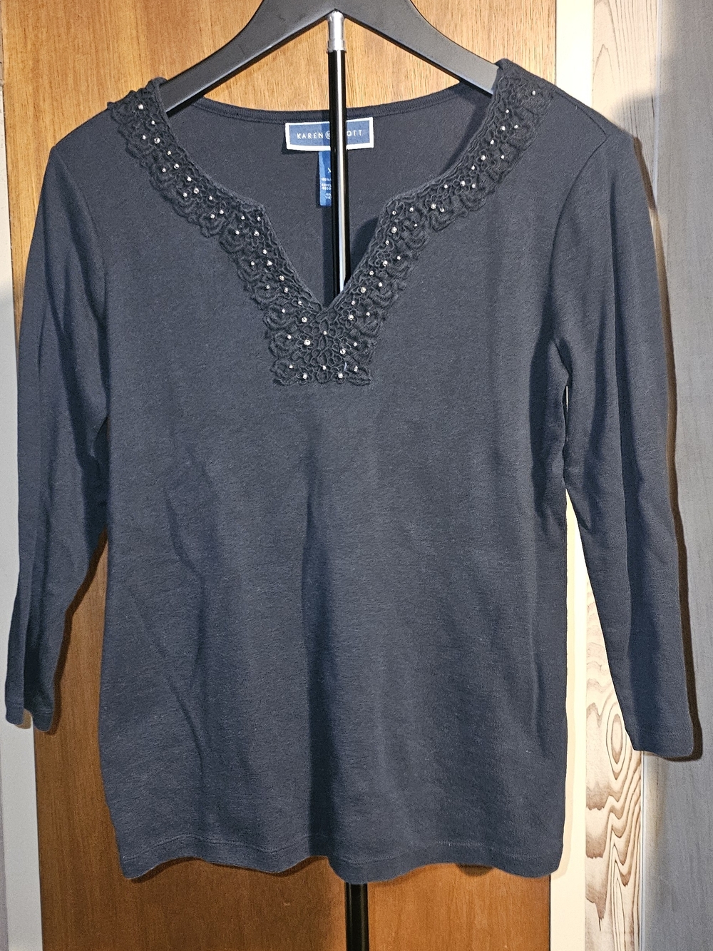 Karen Scott Black Long Sleeve V-Neck Top with Crochet Bead Trim